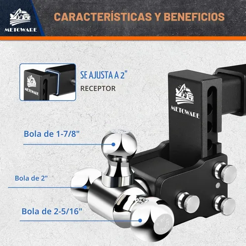 Vista 4 de METOWARE Enganche de remolque ajustable para receptor de 2" Tri-Ball 4 Negro