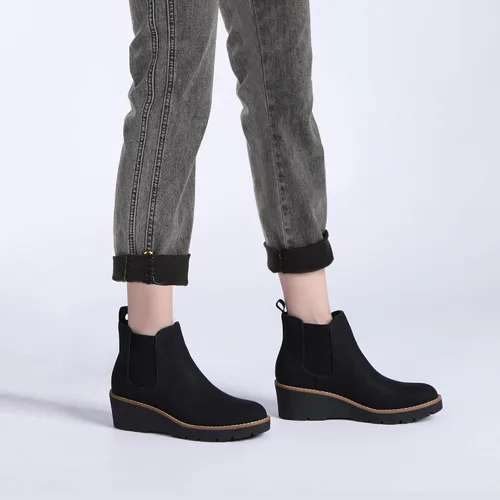 Vista 7 de Athlefit Botas Chelsea de cuña para mujer, con plataforma elástica, suela de lengüeta, botines de cuña