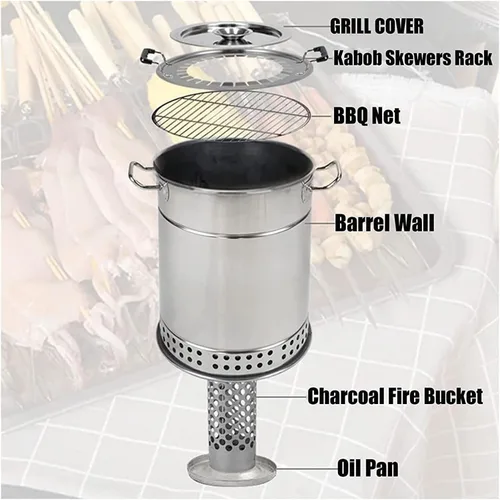 Vista 8 de Parrilla de barbacoa de barril de carbón ahumador, estufa colgante para barbacoa, parrilla de barbacoa de acero inoxidable con 20 pinchos de kabob