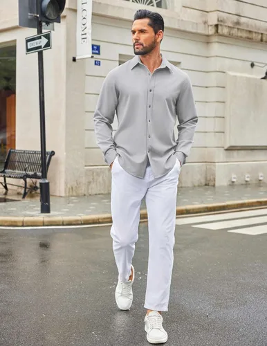 Vista 26 de COOFANDY Camisa de vestir casual de mezclilla con botones y manga larga para hombre
