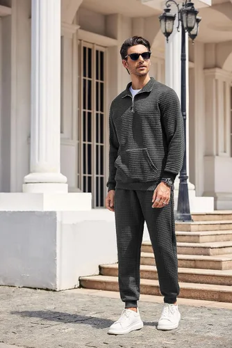Vista 8 de COOFANDY Conjunto deportivo de 2 piezas para hombre, ajuste relajado, con media cremallera, para correr