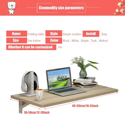 Vista 7 de Mesa plegable montada en la pared, ahorro de espacio, escritorio para computadora, mesa de lavandería, mesa plegable de pared para ropa plegable