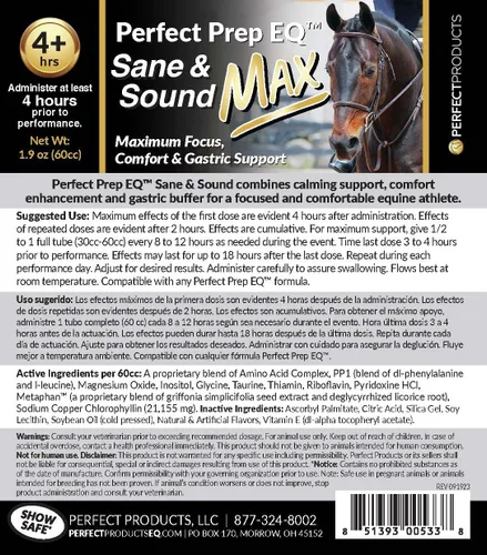 Vista 5 de Perfect Prep EQ Sane and Sound MAX - Pasta calmante para caballos, acción larga, máxima fuerza calmante para la solidez y la ansiedad, mostrada