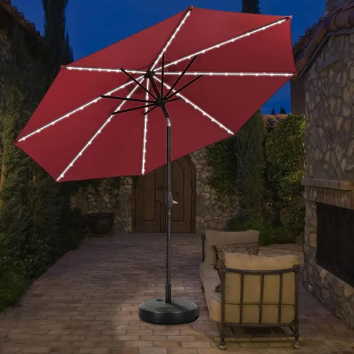 Vista 8 de Sombrilla solar de patio de 10 pies con base, 32 luces LED, sombrilla de mercado al aire libre con botón de inclinación y grietas para jardín Azul
