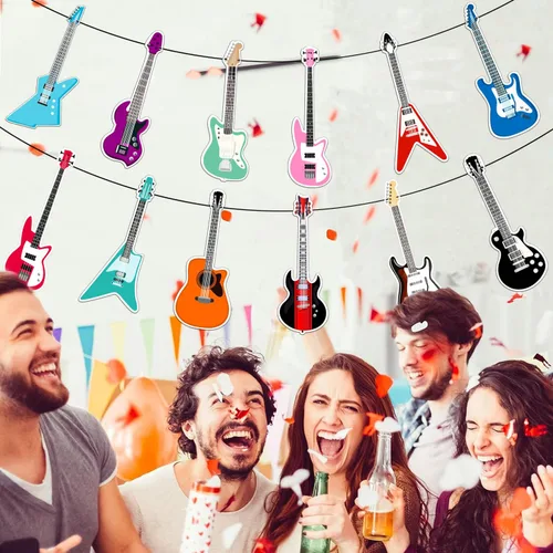 Vista 6 de Cartel de feliz cumpleaños de guitarra, decoración geométrica multicolor para fiestas temáticas de música para niños y niñas, 5 x 78 pulgadas