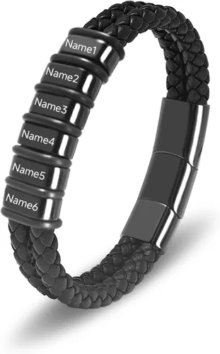 Vista 25 de Pulsera personalizada para hombre con cuentas de nombre personalizadas, pulsera de cuero trenzado personalizada grabada con 2-6 nombres