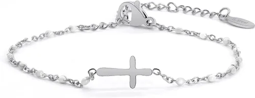 Vista 10 de Pulsera de Cuentas con Cruz Chapada en Oro de 14K para Mujeres, Pulsera de Acero Inoxidable Ajustable con Cruz de Fe Religiosa, Pulsera de Cadena
