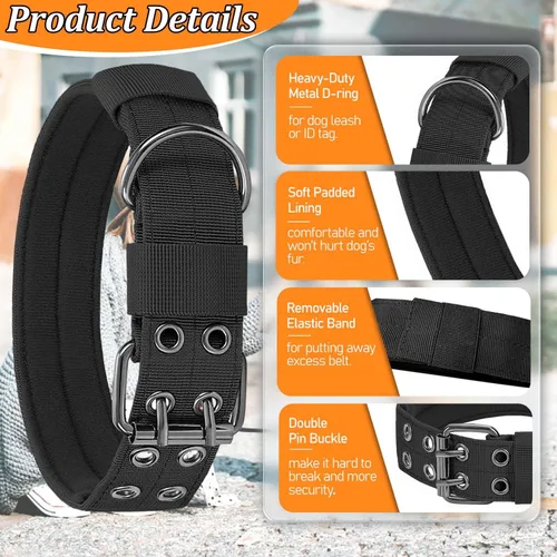 Vista 3 de Collar táctico para perro, collar militar ajustable de nailon para entrenamiento, hebilla de metal resistente, collares tácticos para mediano y Negro