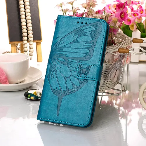 Vista 6 de Funda tipo cartera para iPhone 11, diseño de mariposas y flores (azul) Embossed PU Leather, TPU Interior, Flip Case Folio Cover, Stand, Cash