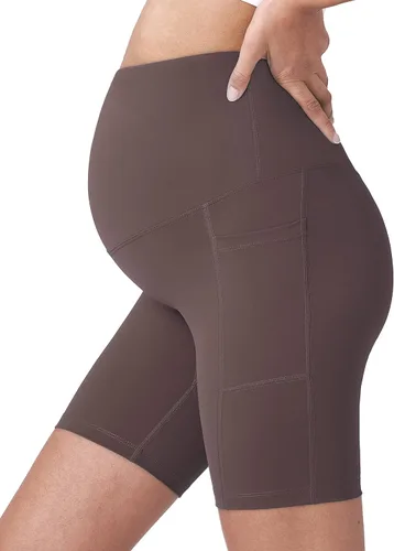 Vista 5 de POSHDIVAH - Pantalones cortos de yoga para embarazadas, cubren la barriga, pantalones deportivos cortos para correr, hacer ejercicio y el verano