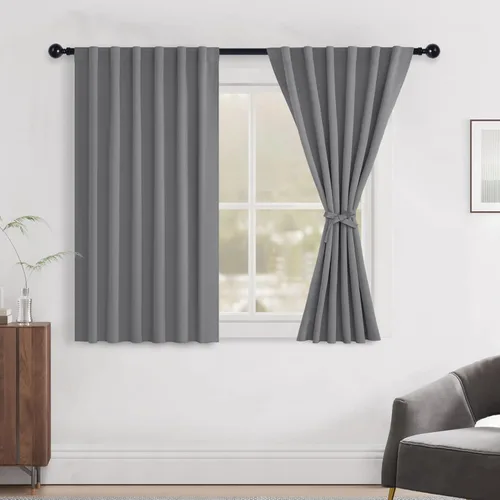 Vista 119 de Hiasan Cortinas opacas negras para dormitorio, cortinas opacas cortas de 45 pulgadas de largo, con aislamiento térmico, bolsillo para barra