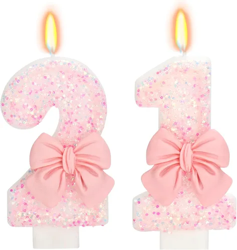 Vista 52 de Vela de cumpleaños para pastel, vela 0 - purpurina rosa con lazo, vela de feliz cumpleaños de 2.76 pulgadas, adorno superior de pastel para fiestas