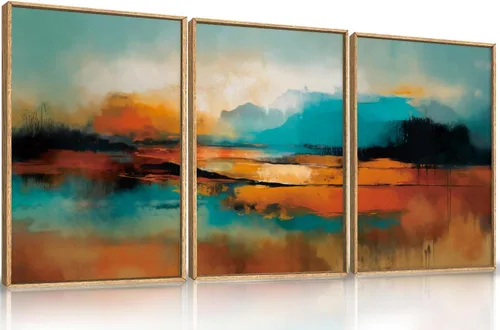 Vista 51 de Lienzo decorativo abstracto grande con marco naranja quemado, decoración de pared azul neutro y negro, arte moderno con pinceladas, impresión