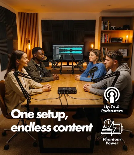 Vista 4 de Movo Paquete de equipos de podcast para 4 personas - Interfaz de audio USB de 4 canales, 4 micrófonos dinámicos CastMic, 4 brazos Boom - Kit