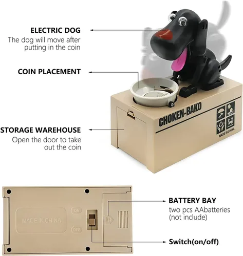 Vista 3 de Alcancía para cachorros, alcancía My Dog, bonita caja de dinero robótica de juguete para masticar monedas, ahorro de dinero, regalo (negro)