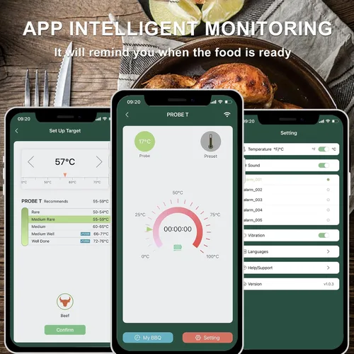 Vista 5 de Termómetro inalámbrico Bluetooth para carne, alcance de 200 pies, termómetro inalámbrico para alimentos con aplicación termómetro de carne para asar