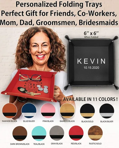 Vista 4 de Bandeja de valet personalizada de piel sintética con bandeja a presión, bandeja para joyas para monedas con nombre personalizado, regalo corporativo