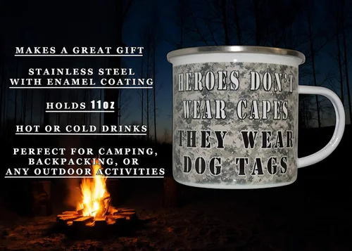 Vista 3 de Rogue River Tactical Heroes Don't Wear Capes They Wear Etiquetas de perro Taza de campamento Esmalte Camping Taza de café Regalo para veteranos