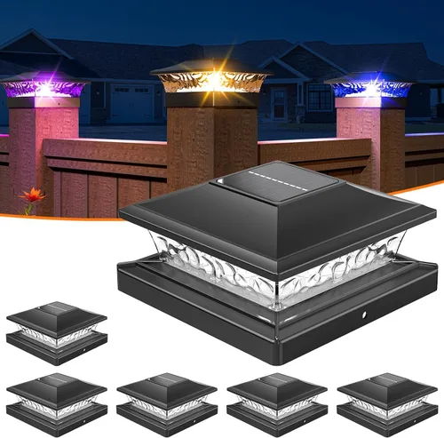 Vista 7 de APONUO - Luces solares para punta de poste con 8 colores RGB sólidos y flujo multicolor - Paquete de 4 luces solares para postes de 6x6, IP65