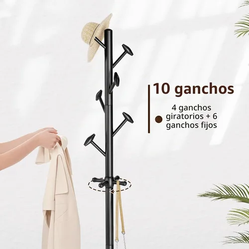 Vista 9 de Taitiy Perchero de madera maciza independiente con 10 ganchos para dormitorio, sala de estar, entrada, soporte resistente para sombreros, abrigos
