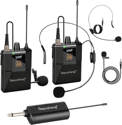 Vista 9 de Depusheng Sistema de auriculares inalámbricos UHF - Sistema de micrófono inalámbrico con micrófonos de solapa Lavalier, rango de 200 pies, enchufe