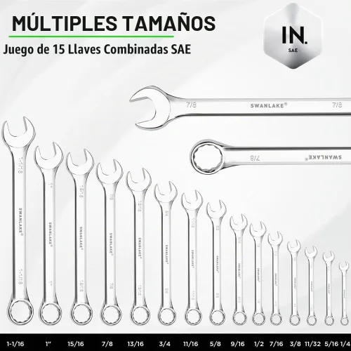 Vista 2 de SWANLAKE GARDEN TOOLS Juego de llaves SAE de 15 piezas, juego de llaves combinadas premium con muesca en V, SAE de 1/4" a 1", par máximo, 12 puntos