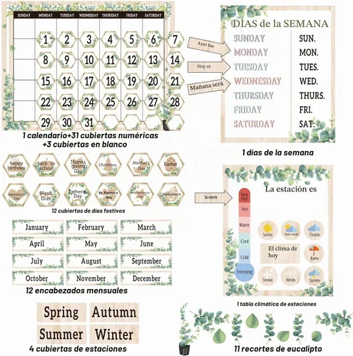 Vista 2 de Juego de tablones de anuncios con calendario de vegetación para el aula, simplemente eucalipto, decoración de aula, calendario, estaciones, tabla