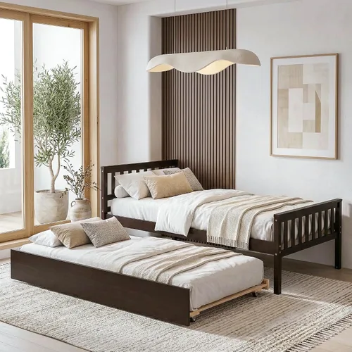 Vista 5 de VECELO Twin Size Platform Bed with Trundle, Solid Wood Twin Bed Frame with Slat Support, 400lbs+200lbs Weight Capacity, No Box Spring Needed