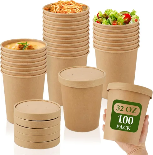 Vista 17 de Sabary Paquete de 50 Recipientes de Papel para Sopa de 8 oz con Tapa Desechables de Papel Kraft Recipientes para Comida Aptos para Microondas