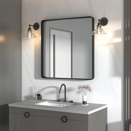 Vista 9 de Espejo de baño moderno con marco negro para pared, espejo redondo rectangular de 30 x 22 pulgadas, espejo de tocador de baño negro mate, espejo