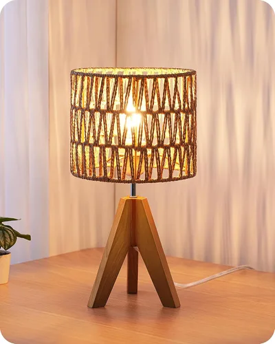 Vista 13 de EDISHINE Lámpara de mesa pequeña estilo Boho, lámpara de mesa de madera color nogal con trípode, lámpara de mesita de noche estilo granja
