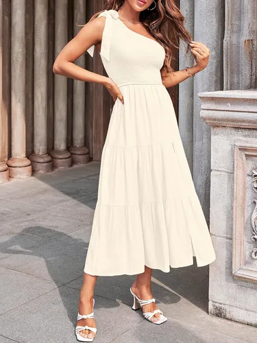 Vista 8 de MEROKEETY - Vestido de verano para mujer, sin mangas, por debajo de la rodilla, fruncido, escalonado, fluido, con un hombro, nudo y abertura