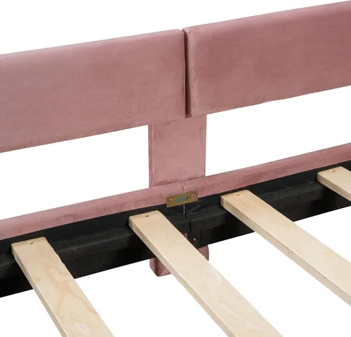 Vista 9 de Sofá cama tapizado tamaño individual, bonito sofá cama de cuero de terciopelo con cabecera clásica en forma de rayas, base de cama de madera