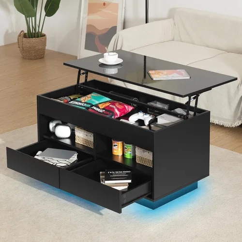 Vista 6 de HOMMPA Morden - Mesa de centro LED de 40 pulgadas con tapa elevable, color negro brillante, con almacenamiento oculto, sala de estar, mesa de té