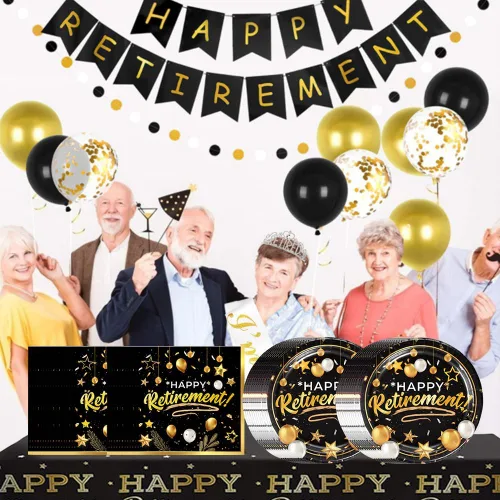 Vista 6 de 40 piezas de suministros para fiestas de jubilación, incluyen 20 platos negros y dorados, 20 servilletas, utilizados para decoración de fiesta
