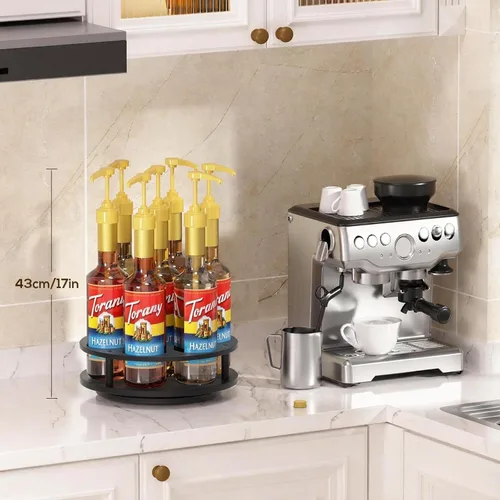 Vista 5 de THYGIFTREE Organizador giratorio de jarabe de café con 7 botellas, soporte de botellas de jarabe de madera para mostrador, soporte para barra