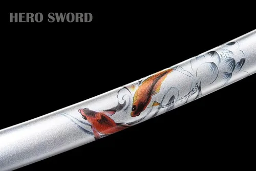 Vista 3 de Clay Tempered Katana T10 Clay Juego de 2 piezas-koi Theme Japanese Samurai Swords Set Real Hamon Razor Sharp Full Tang Arma listo para combate