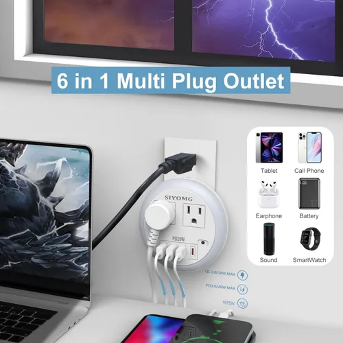 Vista 5 de Luces LED nocturnas enchufables a la pared, luz nocturna enchufable con 4 puertos USB y 2 tomacorrientes, sensor inteligente de atardecer a