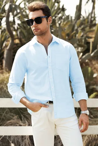 Vista 5 de JMIERR Camisa de vestir de manga larga con botones y lino de algodón para hombre