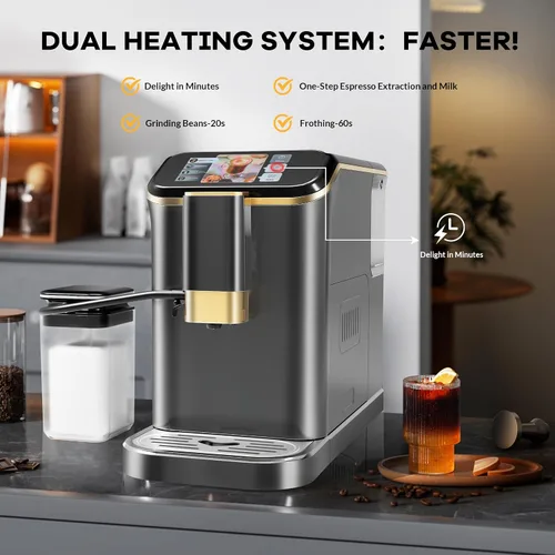 Vista 3 de Máquina de café espresso súper automática de 20 barras con espumador de leche, cafetera de café helado de grano a taza totalmente automática de café