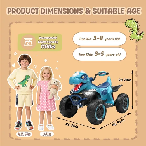 Vista 6 de ATV de dinosaurio de 24 V, motor de potencia de 200 W x 2, ruedas grandes, juguete de 2 plazas con control parental, suspensión de 4 ruedas, luces