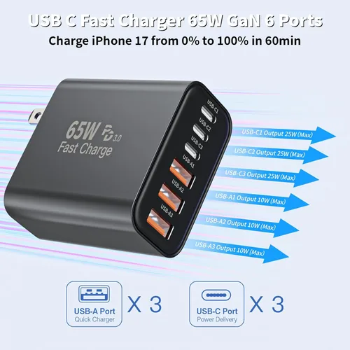 Vista 4 de Bloque de cargador USB C de 65 W, 2 unidades de 6 puertos Apple USB C GaN adaptador de corriente PD de carga rápida + enchufe de pared QC