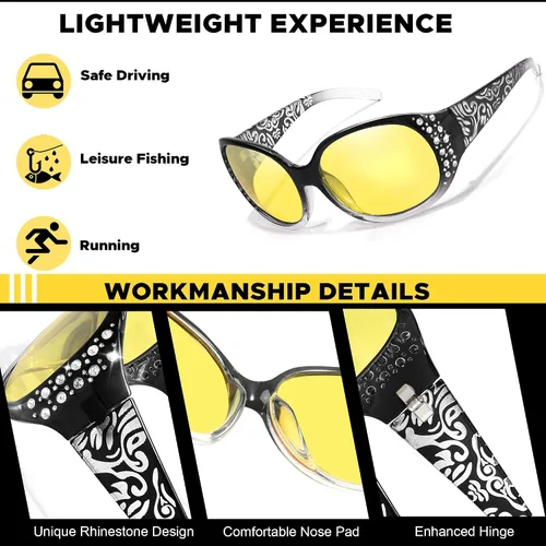 Vista 26 de LVIOE Gafas de conducción de visión nocturna envolventes antirreflejos con lente amarilla polarizada para mujer