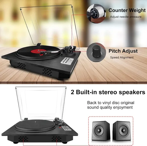 Vista 4 de Tocadiscos de vinilo, tocadiscos de 3 velocidades con Bluetooth incorporados, reproductor de discos de vinilo USB de grabación directa MP3