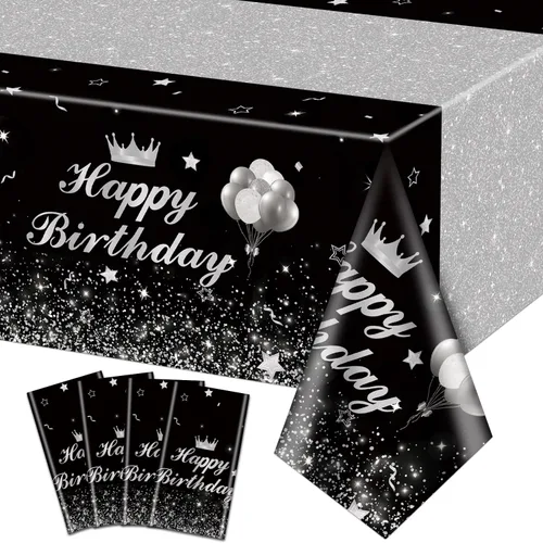 Vista 11 de 4 manteles de fiesta de feliz cumpleaños, color negro y azul, decoración de fiesta de color azul y negro, mantel rectangular de plástico para niños