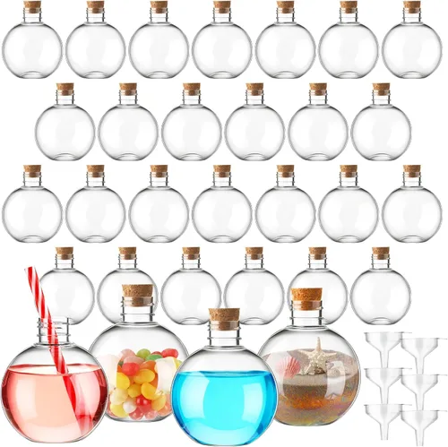 Vista 8 de Jinei - 30 botellas de plástico para poción de 6 onzas, forma de bola, oro, tapa de aluminio Clear Spherical Bottle with Cork, for Sand Art