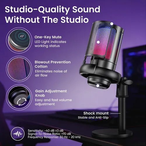 Vista 5 de Kit de transmisión de cámara web con micrófono USB RGB y luz LED, paquete de cámara de transmisión de 1080P 30FPS para Twitch, YouTube, podcasting