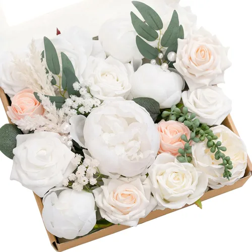 Vista 22 de Ling's moment Caja de flores artificiales, tallos de follaje artificial falso, rosas de espuma, dalia de seda, hierba de pampas, flor de tela