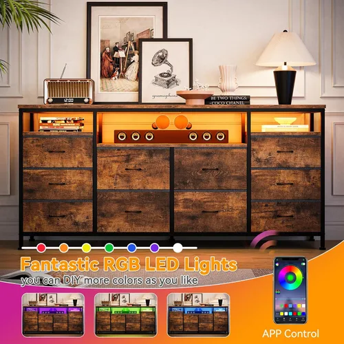 Vista 6 de Cómoda moderna de 10 cajones para soporte de TV de dormitorio Marrón rústico