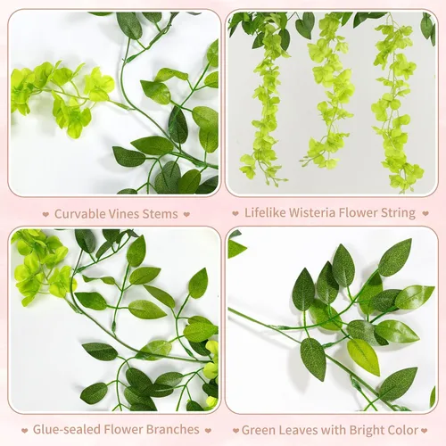 Vista 6 de U'Artlines 10 piezas 2.2 m/pieza Guirnalda artificial de glicinia de seda, flores verdes falsas de glicinia, enredaderas de follaje verde colgantes